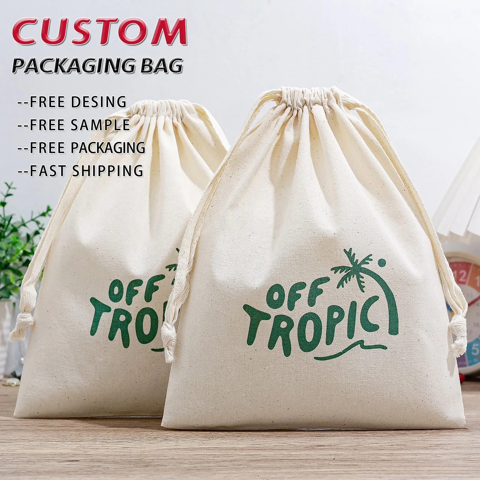 Beige Textured Fabric Drawstring Pouch