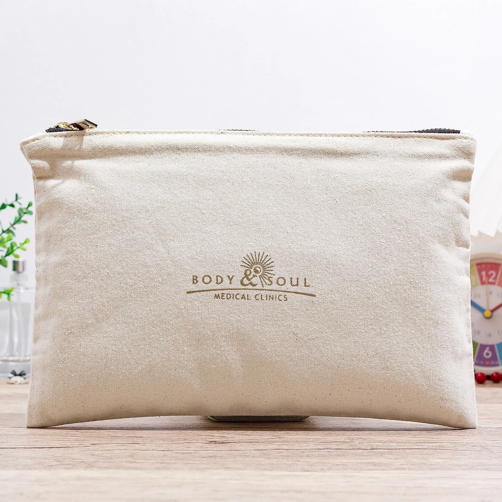Beige Fabric Zipper Pouch