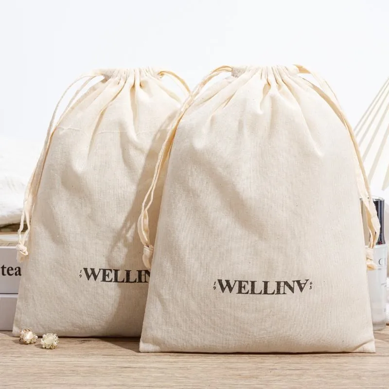 Cream Fabric Drawstring Pouch