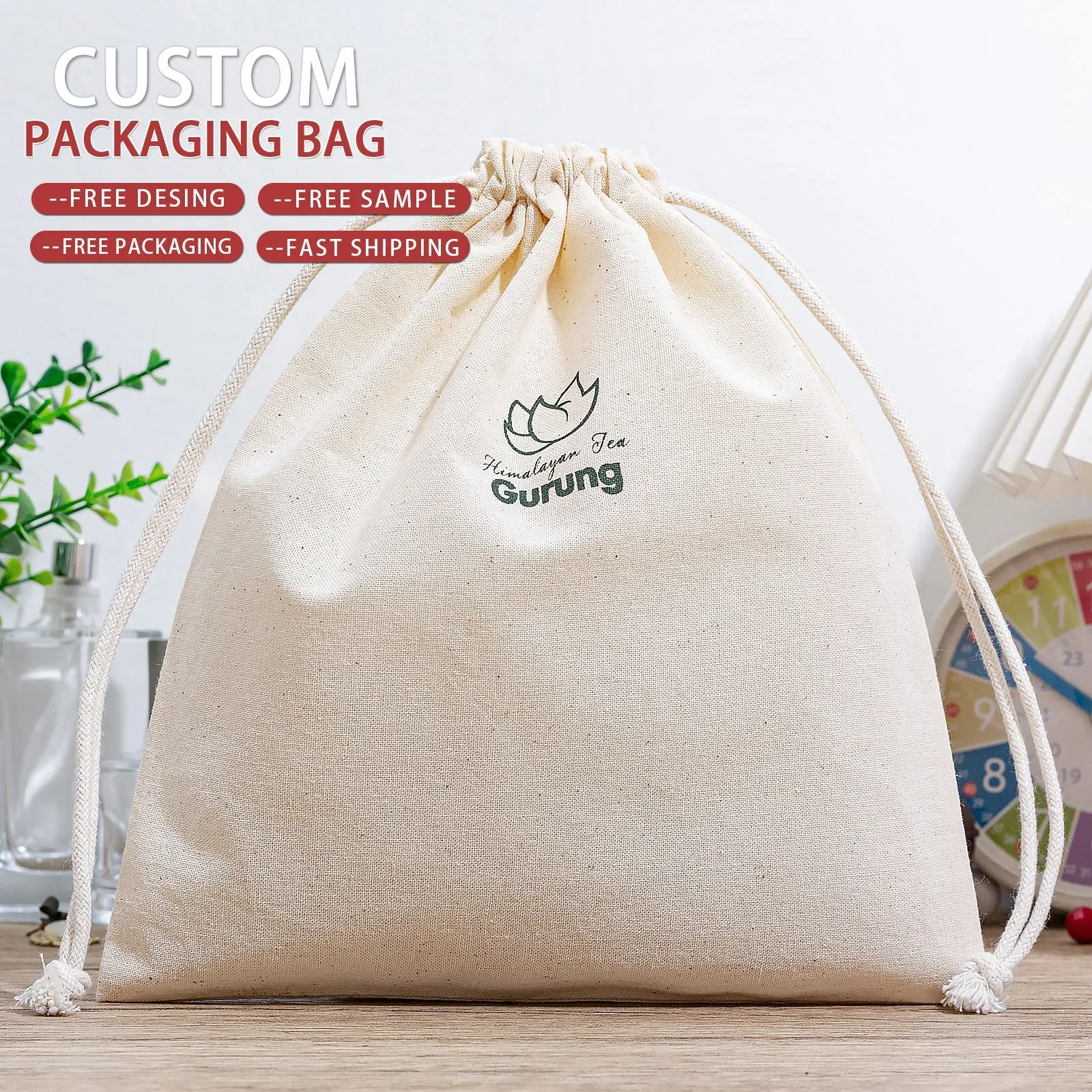 Beige Cotton Drawstring Pouch