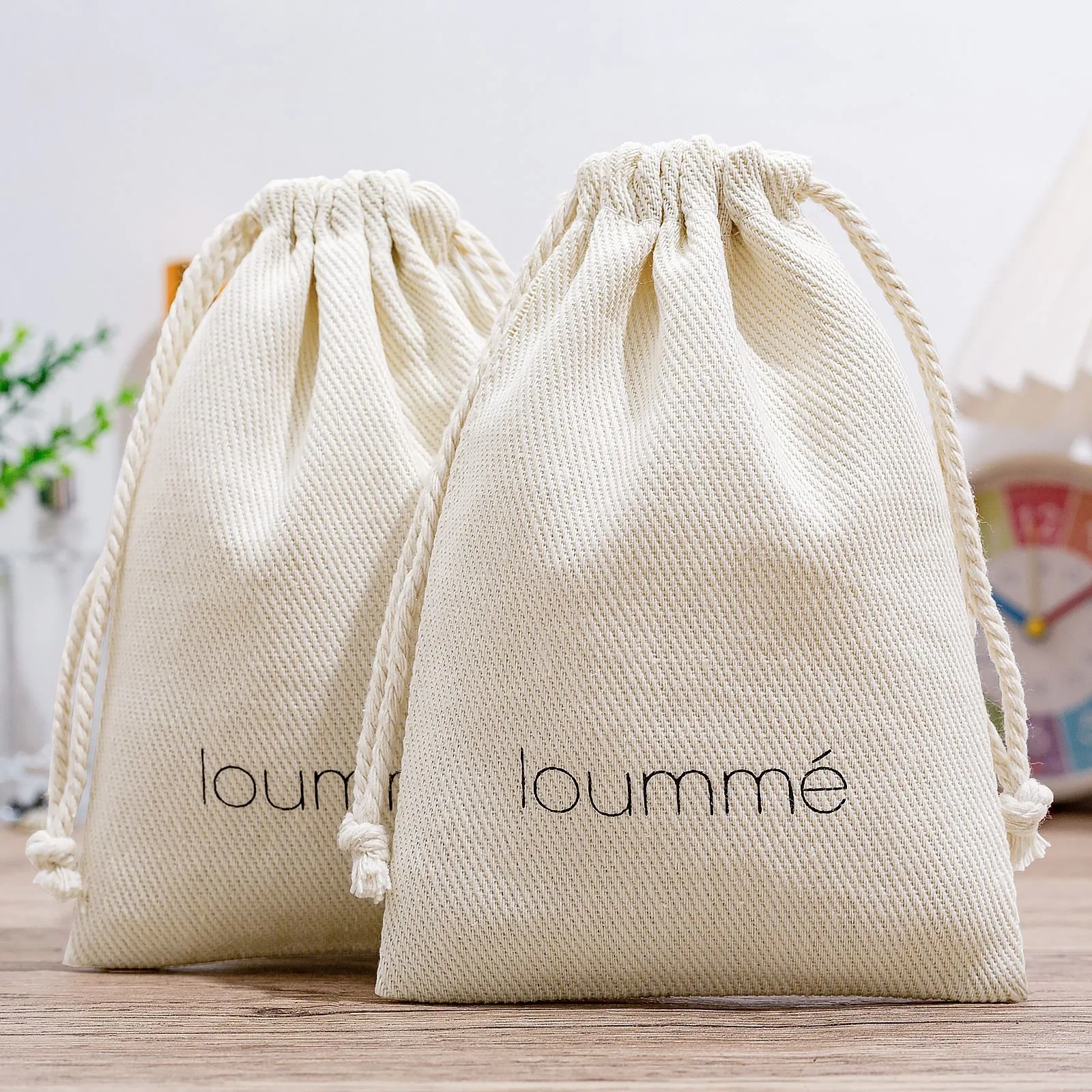 Beige Cotton Drawstring Pouch