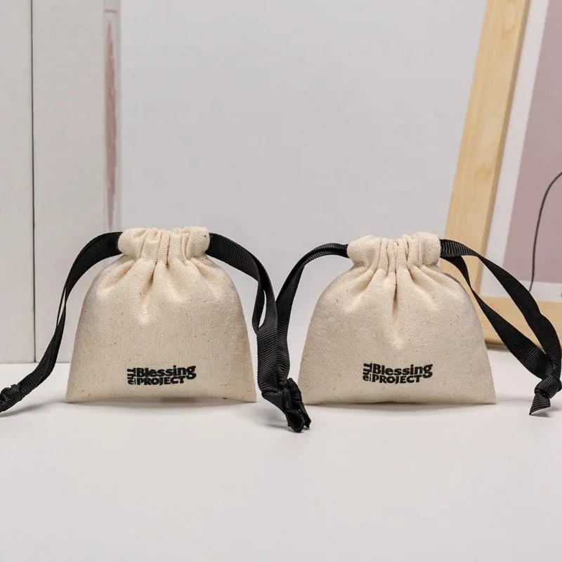 Beige Cotton Drawstring Pouch