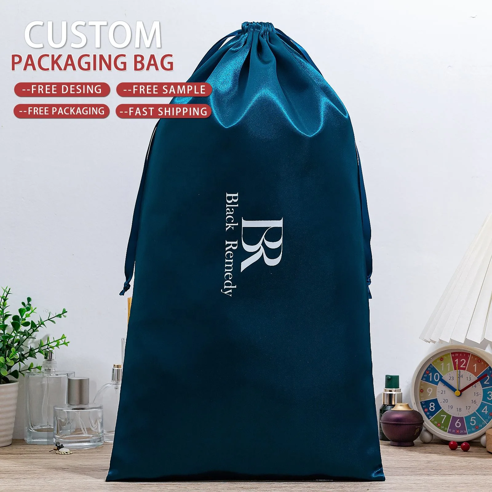 Blue Satin Drawstring Pouch