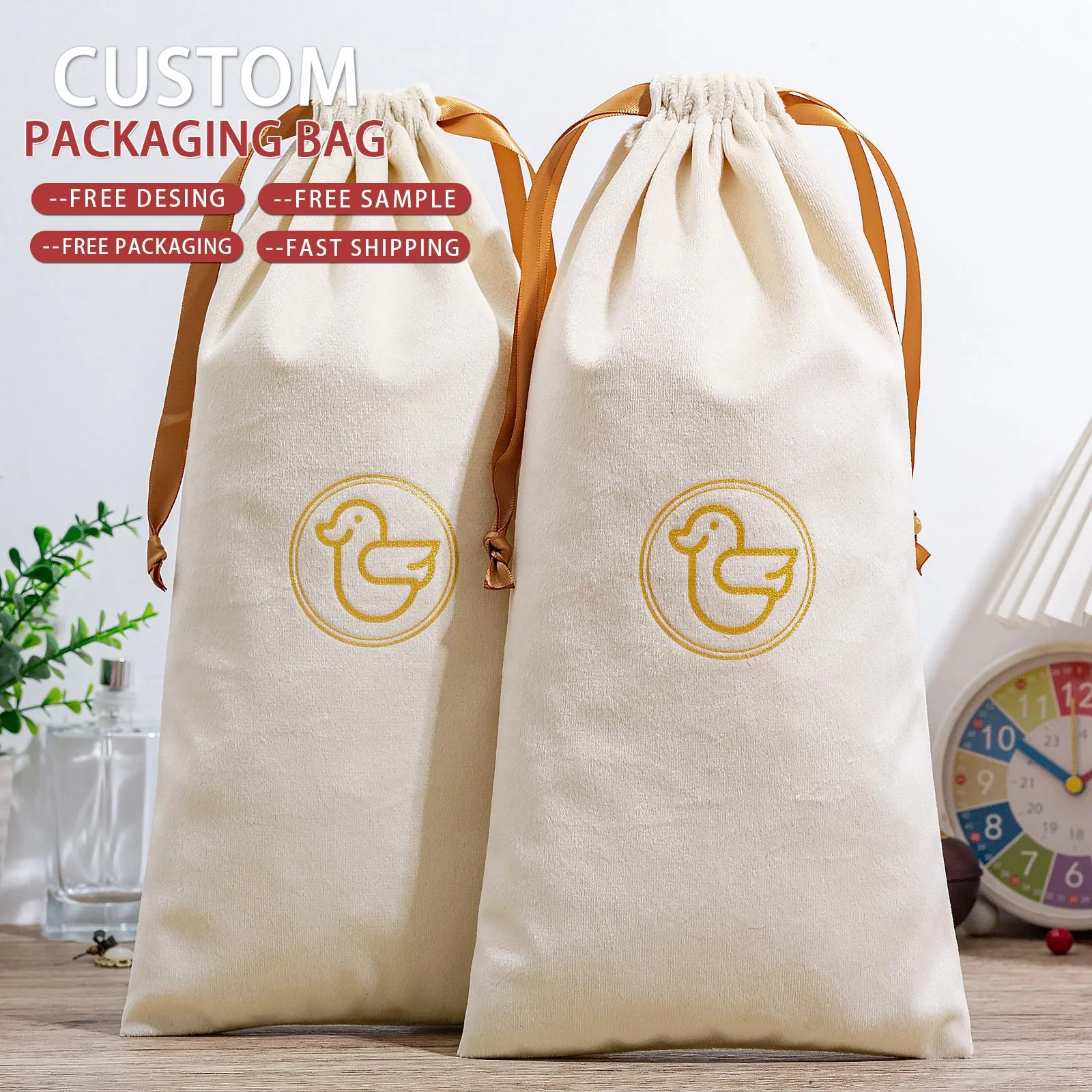 Beige Velvet Drawstring Pouch