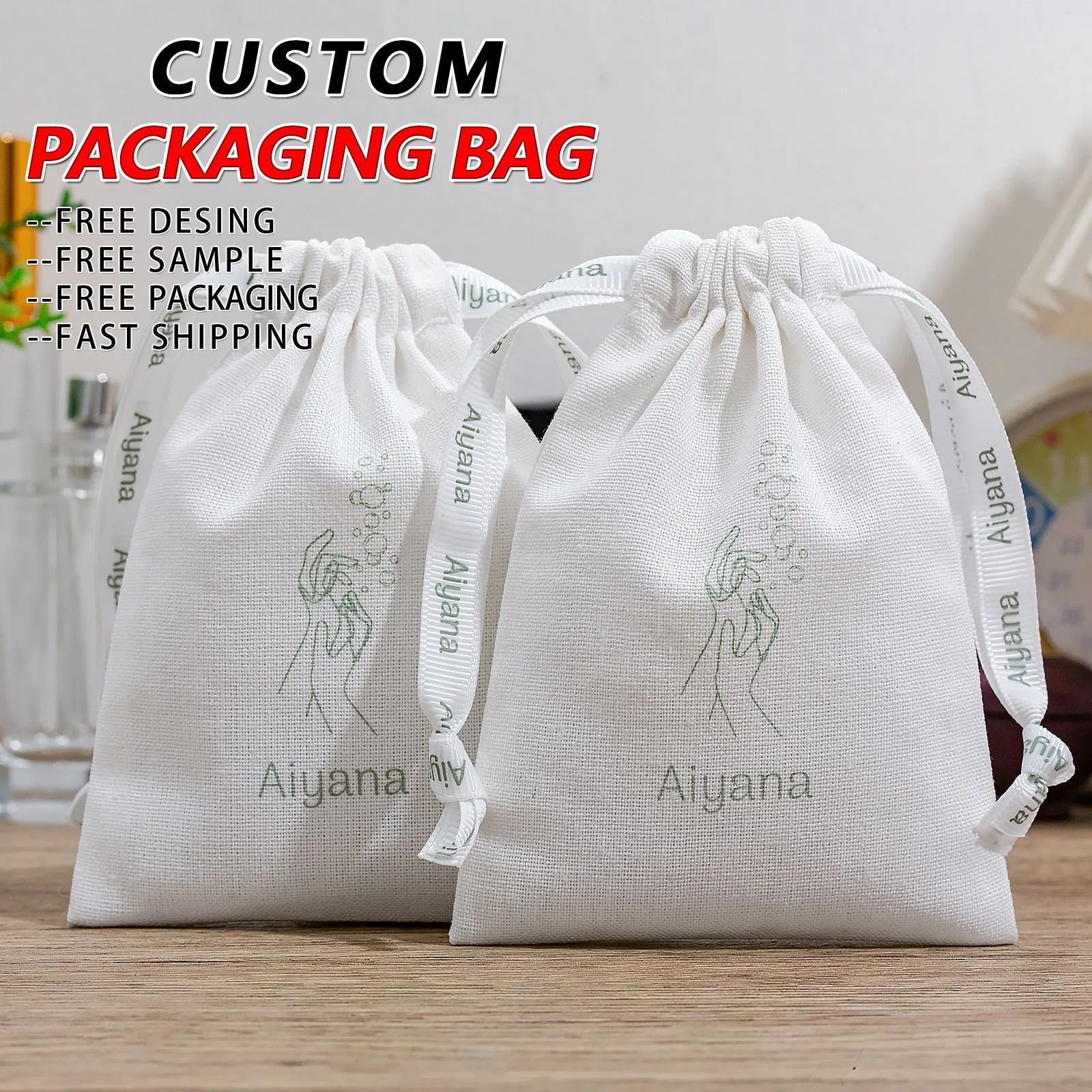 White Textured Fabric Drawstring Pouch