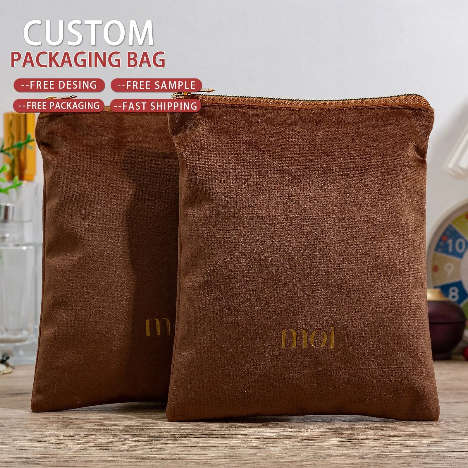 Brown Fabric Zipper Pouch