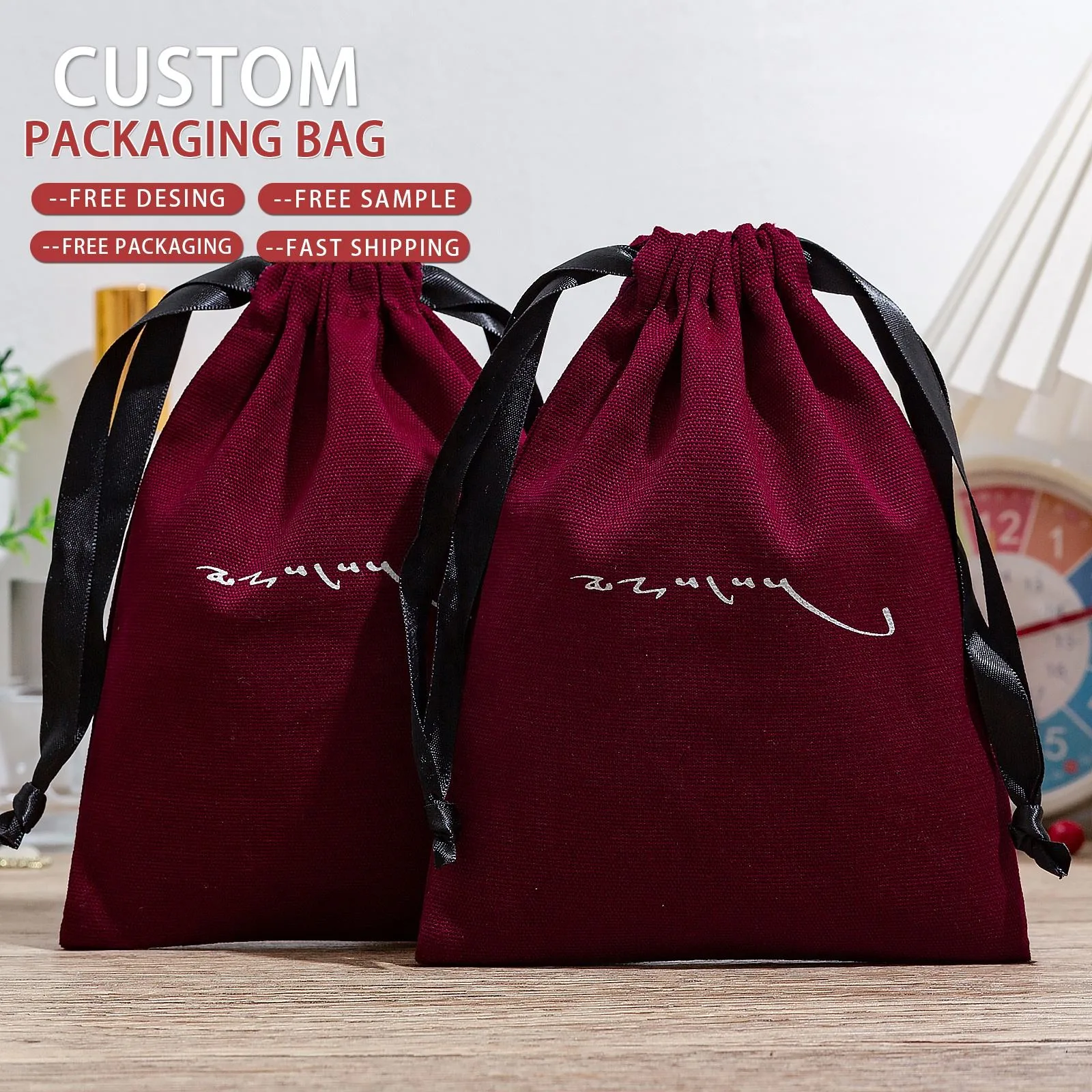 Red Textured Fabric Drawstring Pouch