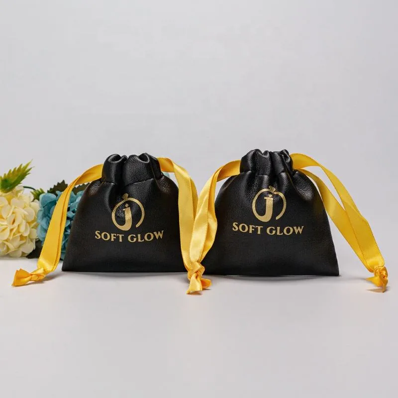 Black Leather-Look Drawstring Pouch