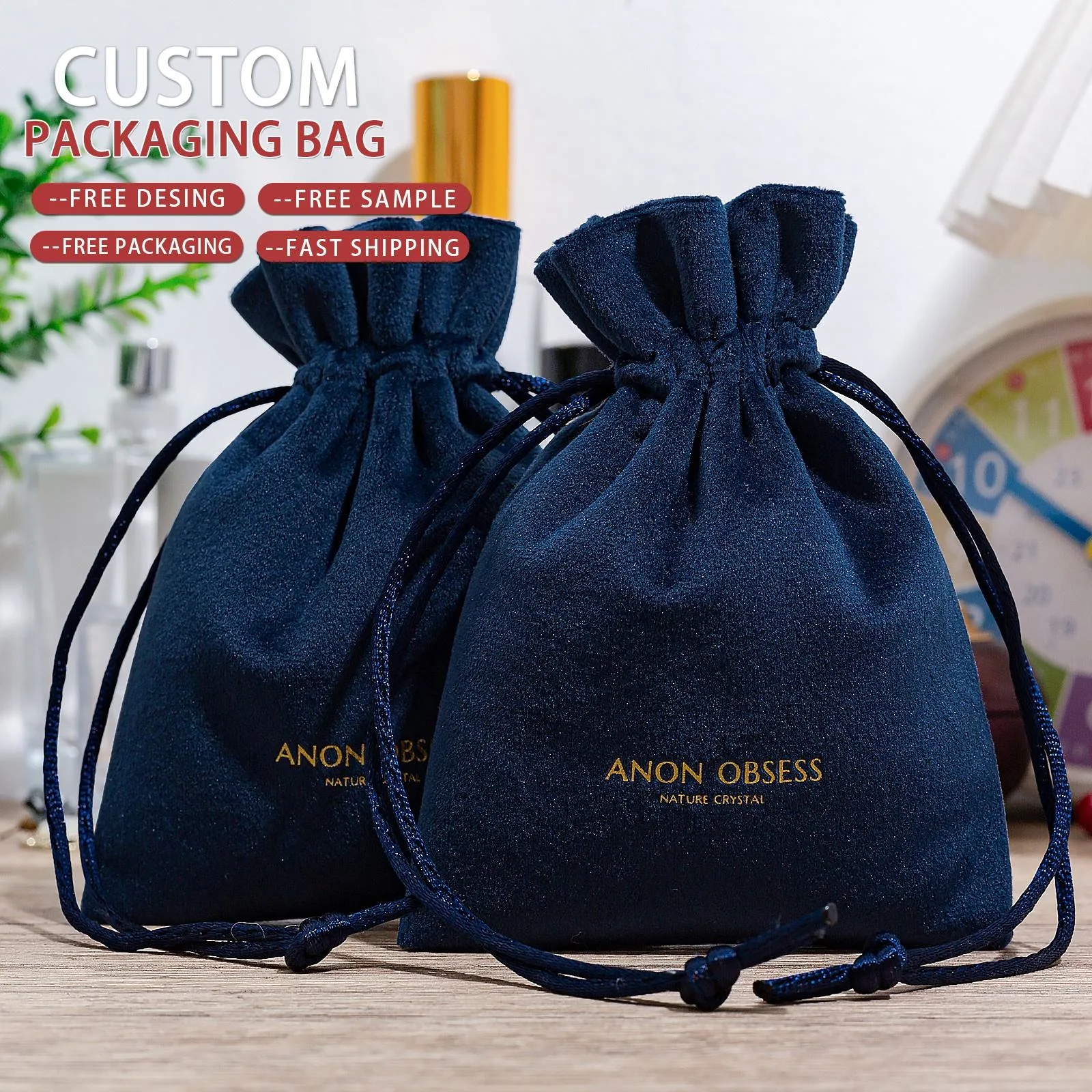 Blue Velvet Drawstring Pouch
