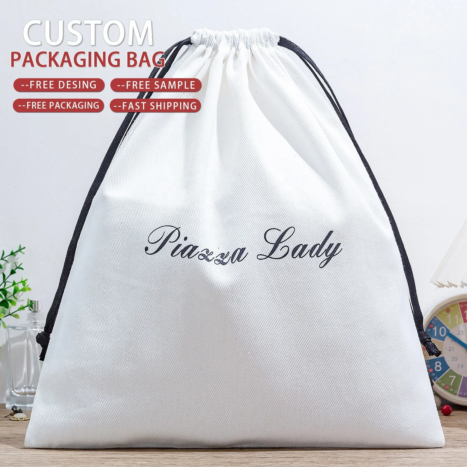 White Fabric Drawstring Pouch