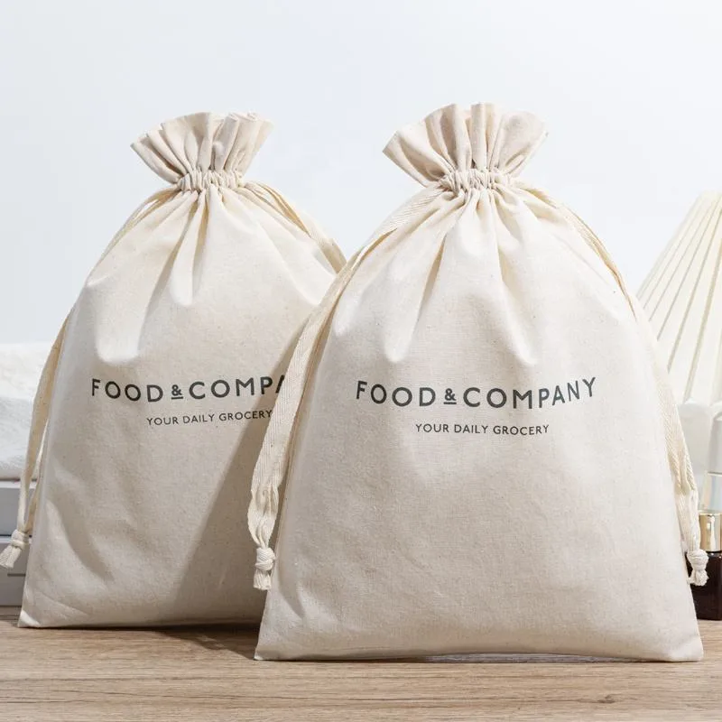 Beige Cotton Drawstring Pouch