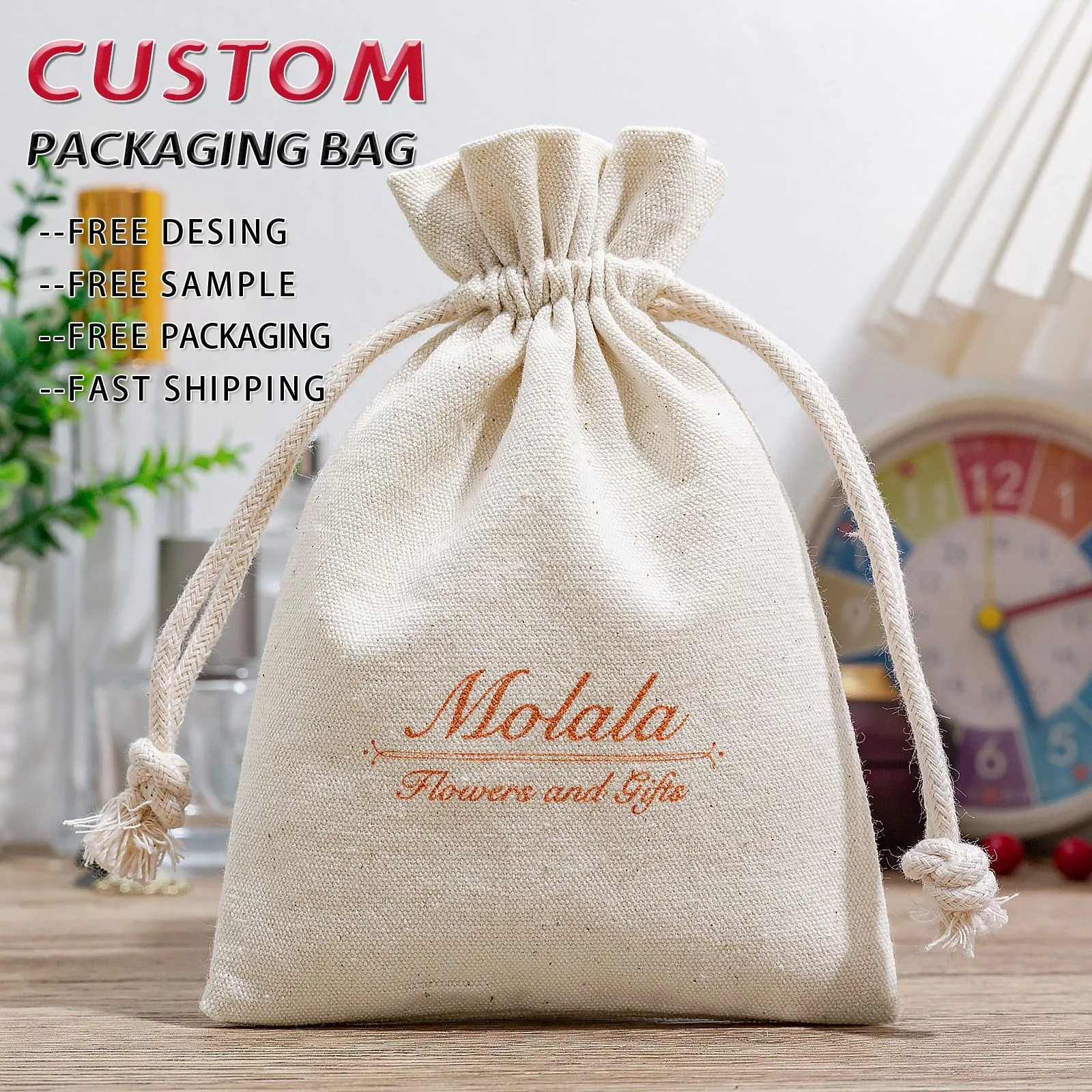 Beige Cotton Drawstring Pouch