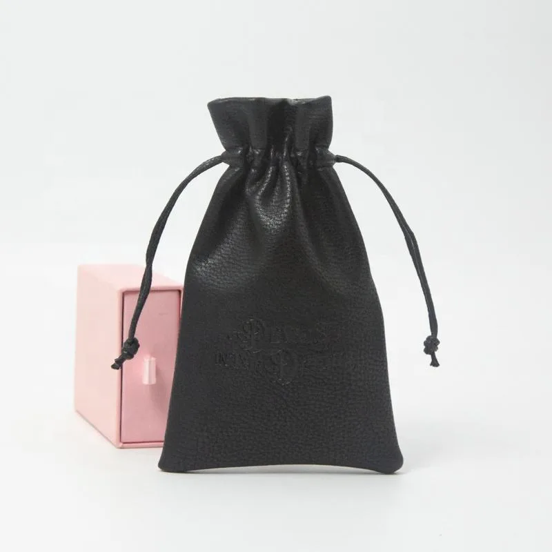 Black Leather-Look Drawstring Pouch