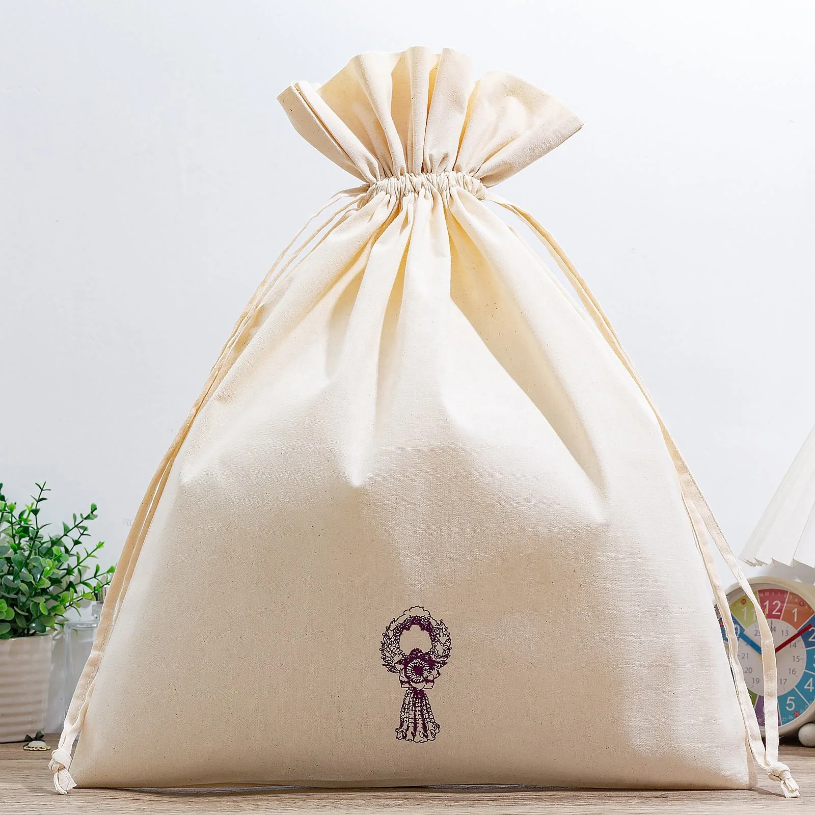 Beige Cotton Drawstring Pouch