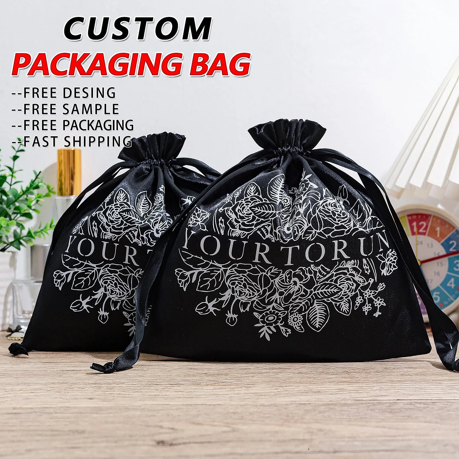Black Satin Drawstring Pouch