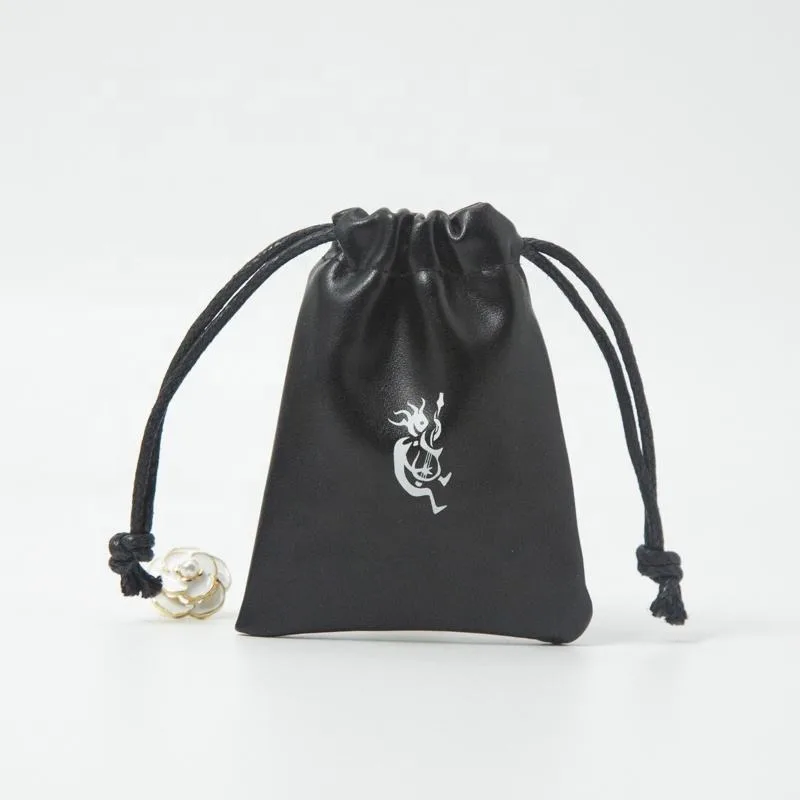 Black Leather-Look Drawstring Pouch