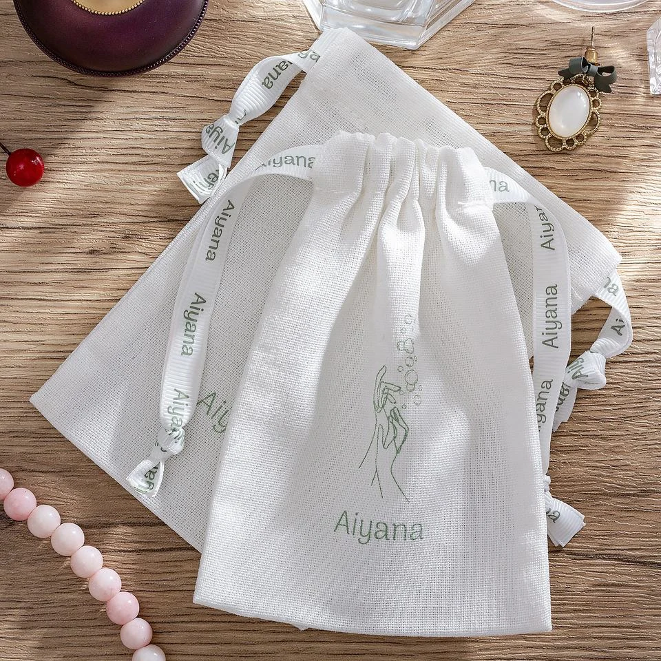 White Textured Fabric Drawstring Pouch — image 2