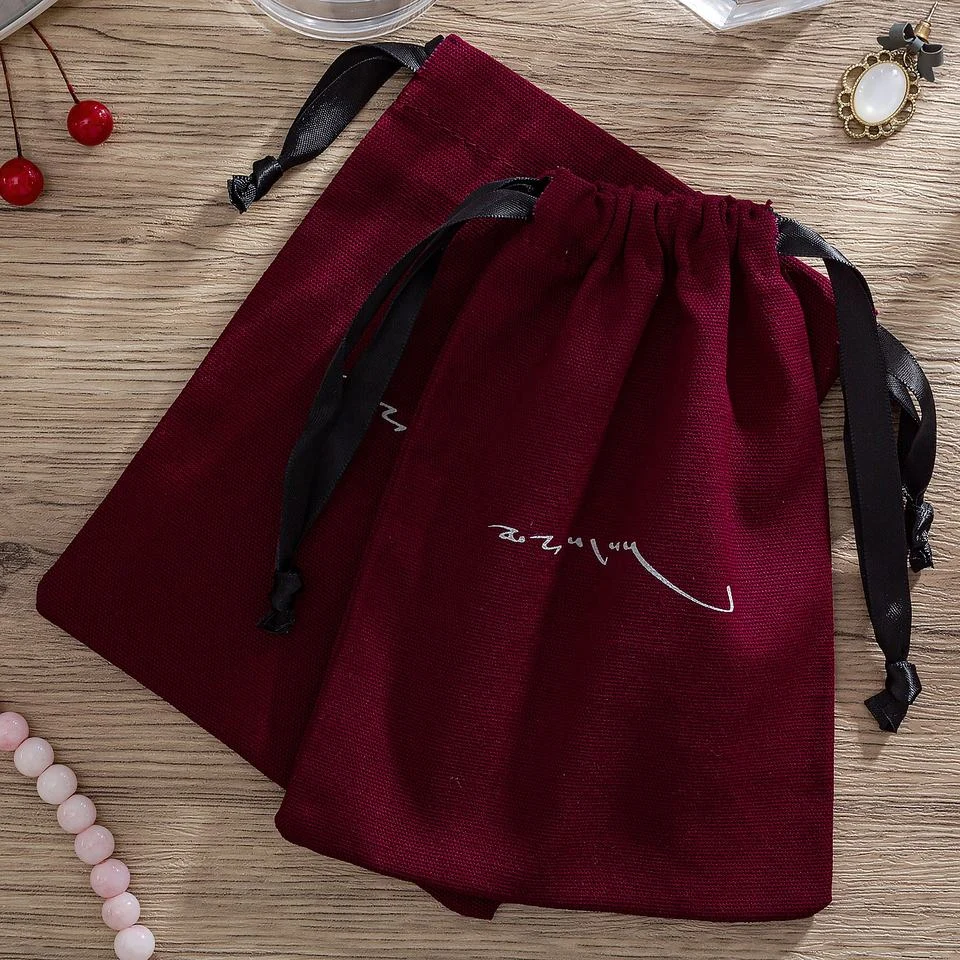 Red Textured Fabric Drawstring Pouch — image 3
